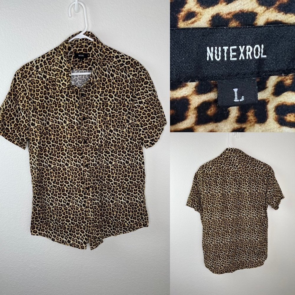 Leopard short sleeved button down shirt size large.